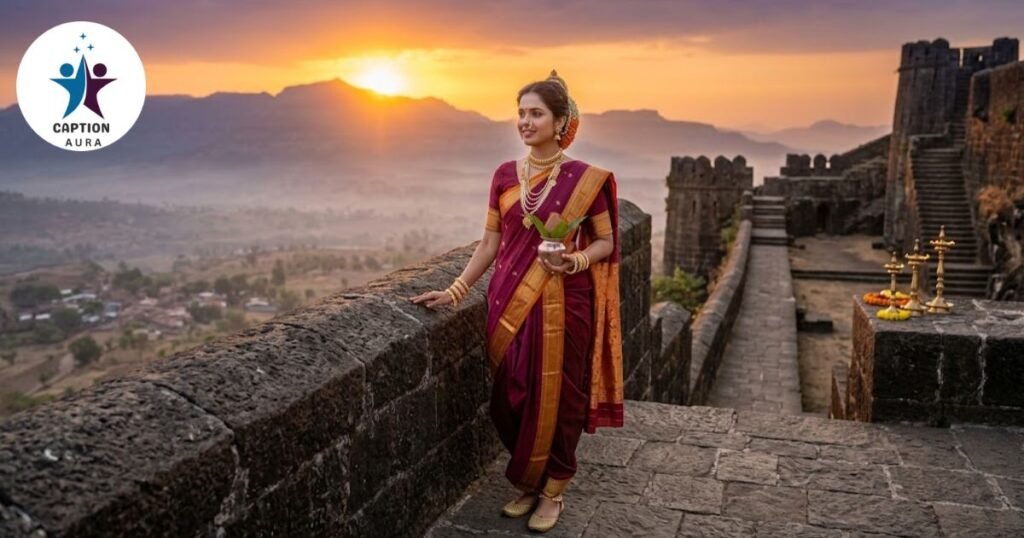 royal nauvari saree caption for instagram in marathi on a fort backdrop