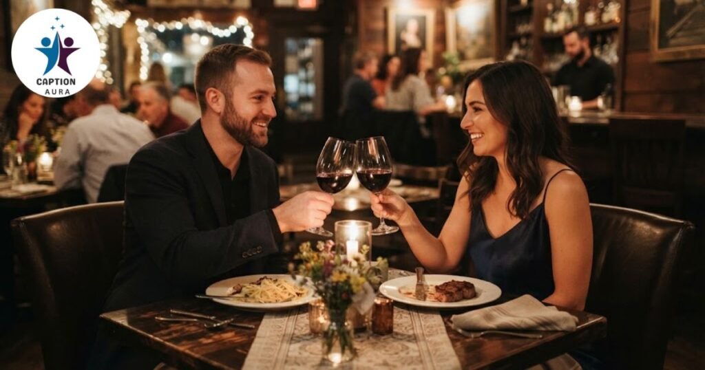 Couple at dinner with classy captions for insta on a shared post