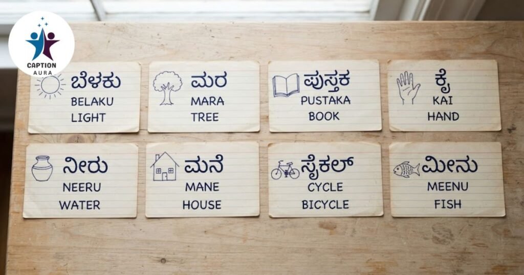 Flashcards of Kannada words for the caption meaning in Kannada