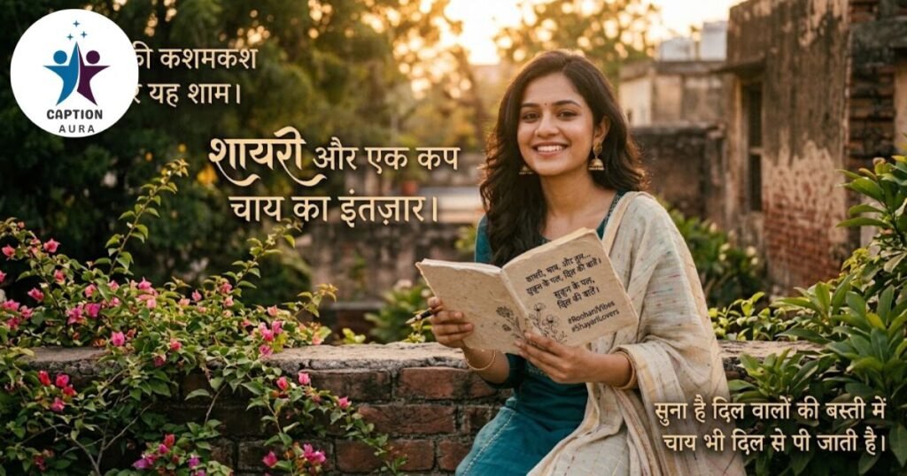 Writing Hindi and Urdu desi girl captions for Instagram with chai and a poetry notebook